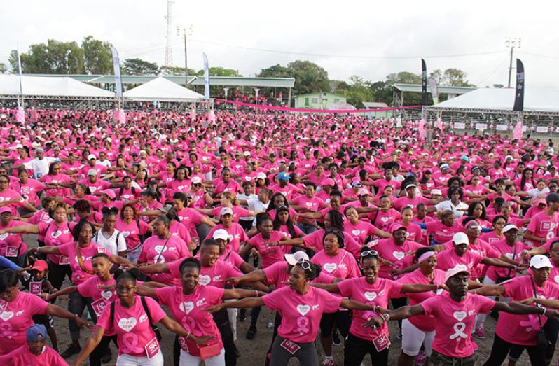 Thousands of patrons at the D’Urban Park getting ready to walk, run or cycle in solidarity with those affected by Breast Cancer and to raise awareness of the disease [Vishani Ragobeer photo]