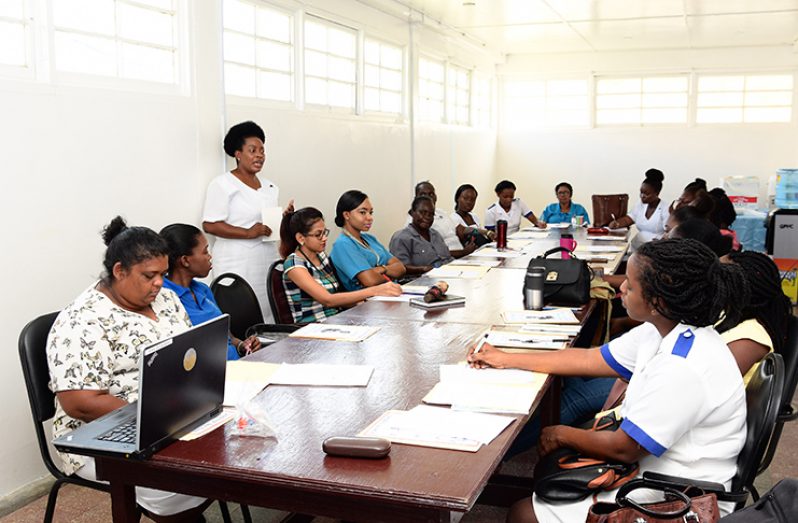 Nurse Maria Francois (standing), delivering a talk to staff members at the Breastfeeding Workshop held at the GPHC Maternity Unit (Samuel Maughn photo)
