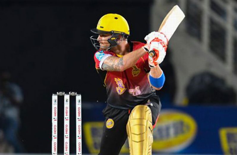 Brendon McCullum slashes through the off side in his brilliant knock of 91.( Randy Brooks)CPL T20 / Getty