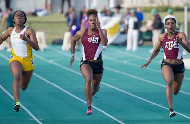 Guyana’s Brenessa Thompson charges to the women’s 100m win.