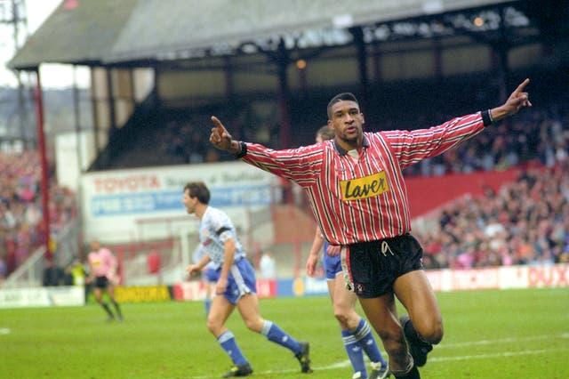 Brian Deane celebrates his historic goal against Manchester United in 1992. (PA)