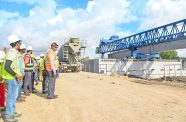 Minister of Public Works, Bishop Juan Edghill and team on site at the western end of the bridge witnessed the first of 472 precast girders for the New Demerara River Bridge