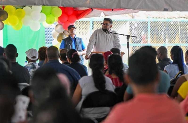 President Irfaan Ali addressing residents in Bartica, Region Seven