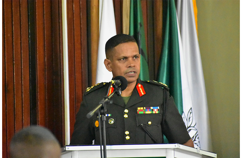 Chief of Defence Staff Brigadier Omar Khan addresses officers at the opening of the GDF Annual Officers’ Conference 2026 at Base Camp Ayanganna (Sachin Persaud photos)