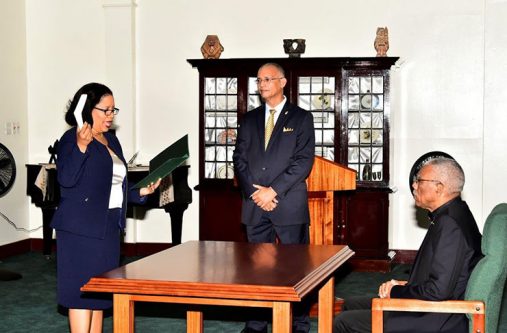 Attorney-at Law, Ms. Dela Britton takes the Oath of Office before President David Granger, at State House