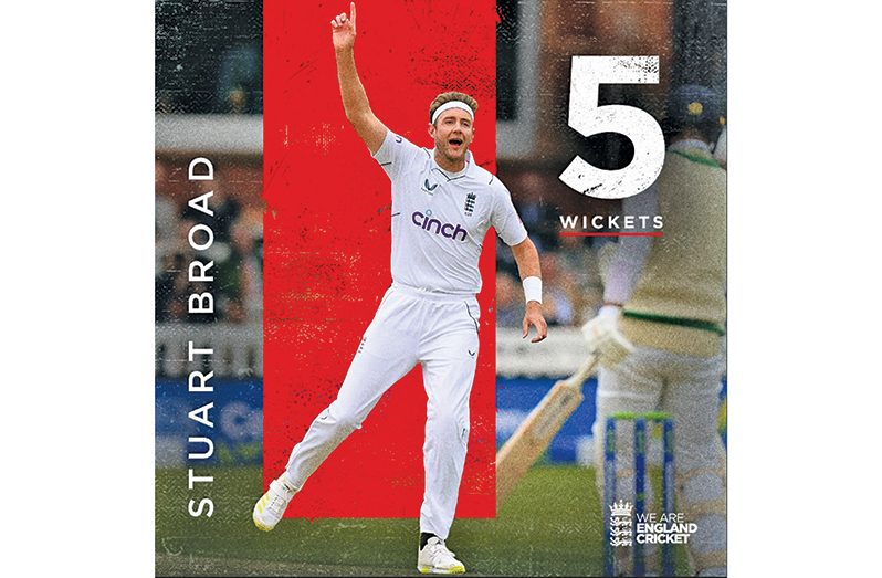 Stuart Broad takes his 20th five-wicket haul in Test cricket, his 3rd five-for at Lord's, finishing with figures of 17-5-51-5.