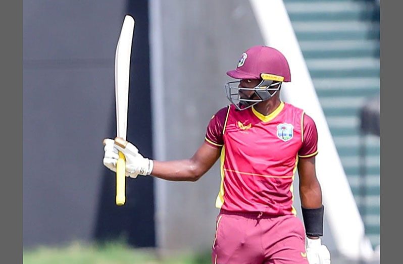 Shamarh Brooks celebrates his half-century on ODI debut at Sabina Park (CWI Media)