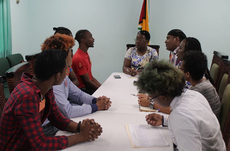 Minister of Youth Affairs, within the Ministry of the Presidency, Simona Broomes at the meeting with members of the Guyana Trans United and LGBTQ+ youth [Vishani Ragobeer photo]