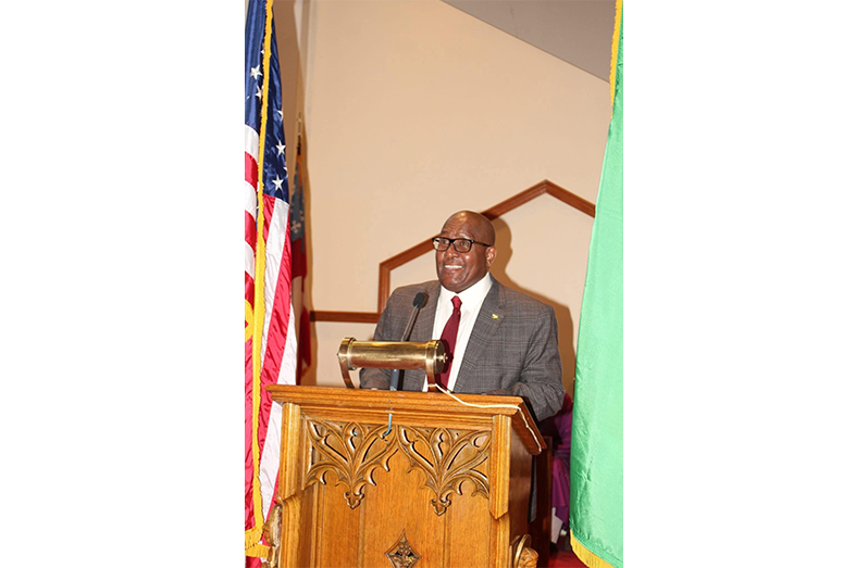 Ambassador Michael Brotherson delivering remarks at the interfaith service and brunch reception in Brooklyn, New York, to commemorate Guyana’s 56th Republic Anniversary