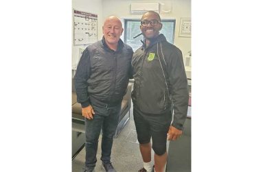 Eon Deveira (right), one of Guyana’s most qualified goalkeeper coaches stands with head of West Ham United Academy Mr. Kenny Brown