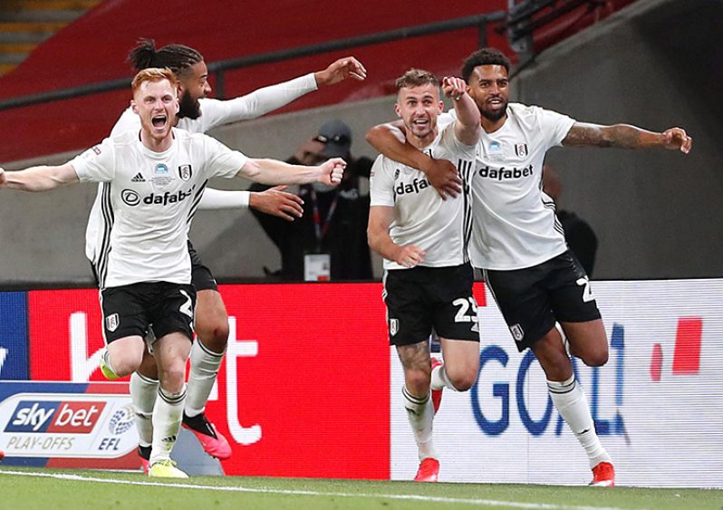 Championship Play-Off Final - Brentford v Fulham - Wembley Stadium, London, Britain - August 4, 2020 Fulham's Joe Bryan celebrates scoring their second goal with teammates, as play resumes behind closed doors following the outbreak of the coronavirus disease (COVID-19) Action Images via Reuters/Matthew Childs