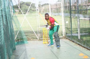 Guyana’s representative in this year’s Caribbean Single-Wicket Cricket Tournament and NAGICO Super50 skipper Christopher Barnwell gets ready to drive at a delivery in the indoor nets of the Gandhi Youth Organisation yesterday afternoon. (Photo by Sonell Nelson)