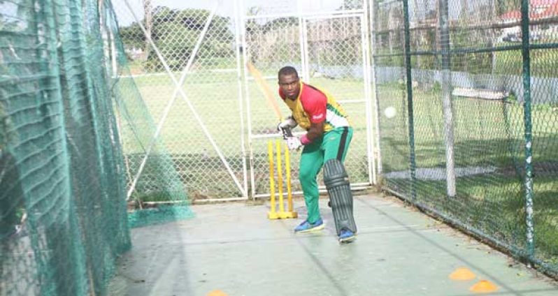 Guyana’s representative in this year’s Caribbean Single-Wicket Cricket Tournament and NAGICO Super50 skipper Christopher Barnwell gets ready to drive at a delivery in the indoor nets of the Gandhi Youth Organisation yesterday afternoon. (Photo by Sonell Nelson)