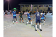 Part of the action in the semi-final round between Silver Bullets (blue) and Hard-knocks in the ExxonMobil Guyana Futsal Championship