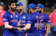 India's Jasprit Bumrah (left) celebrates with teammates after taking the wicket of Namibia's Michael van Lingen (not pictured) during the ICC Men's Twenty20 World Cup cricket match between India and Namibia at the Dubai International Cricket Stadium in Dubai on November 8, 2021. (Photo by Aamir QURESHI/AFP)