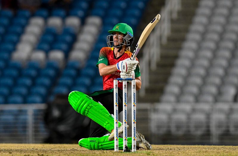 Guyana Amazon Warriors’ Erin Burns pulls during her unbeaten knock of 78 against the Trinbago Knight Riders.