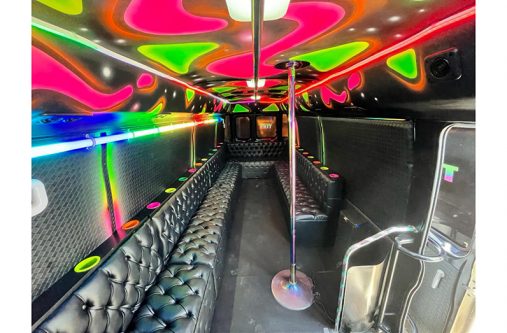 The bus features state-of-the-art lighting and other attractions