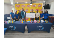 GBI Brand Manager, Fharis Mohamed; Ryan Gordon, Operations Manager of Guyana Beverage Inc.; Petra Co-Director, Troy Mendonca and communication consultant, Troy Peters, flanked by GBI staff