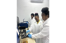 Alicia Fytte Butts and her support staff: Lab Technician Aaliya George and Support Staff Stephanie Waterman in the laboratory on a typical day on the job at GLDA