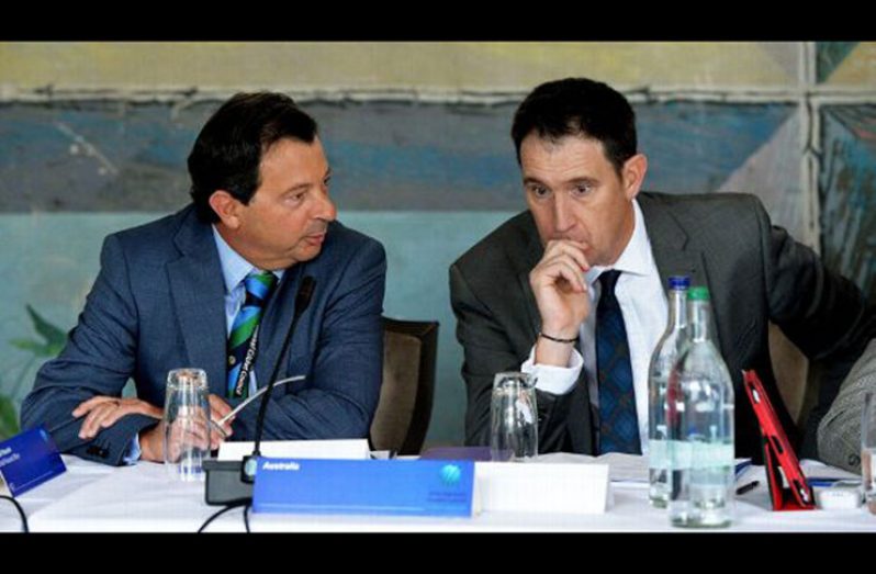 Cricket Australia chairman David Peever (left) and chief executive James Sutherland at the ICC annual conference IDI/Getty Images