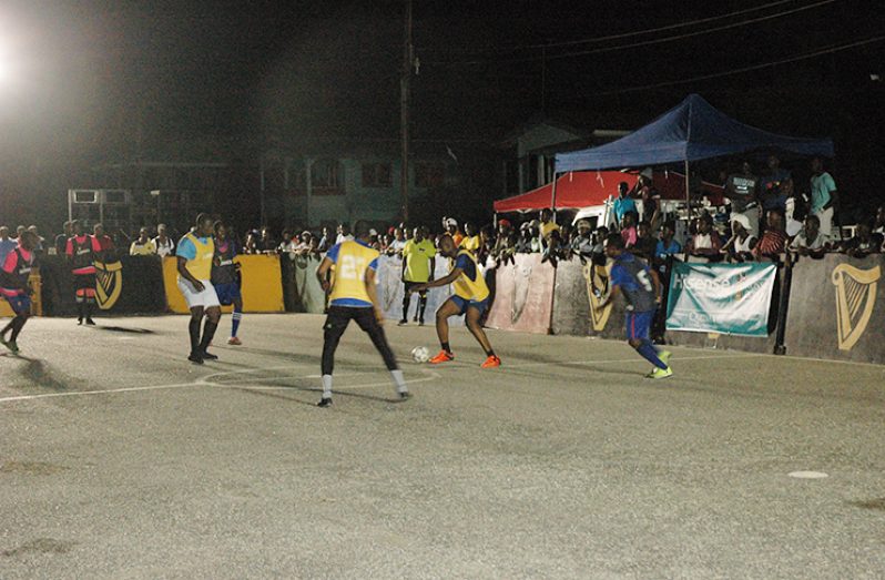 Part of the action at the Haslington Market Tarmac in the Guinness Cage street football championship.