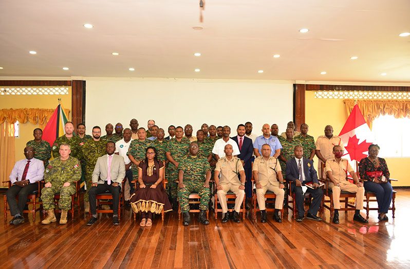 Seated fourth from left: Permanent Secretary of the Ministry of Home Affairs, Mae Thomas. To her left, Colonel Julius Skeete; Director of Prisons (ag), Nicklon Elliot and Deputy Commissioner ‘Operations’ (ag), Ravindradat Budhram with heads of services and representatives of government agencies and course participants (GDF photo)