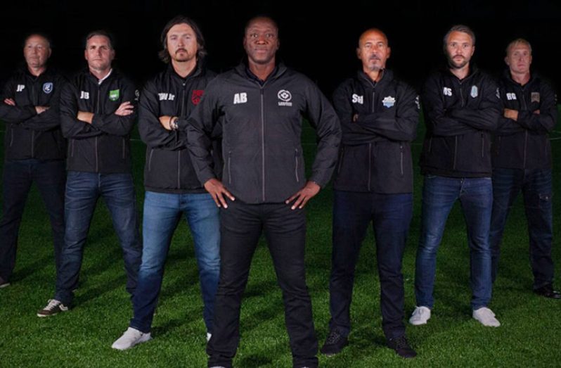 CPL soccer coaches (from left) Jeff Paulus (FC Edmonton), Jim Brennan (York 9), Tommy Wheeldon (Cavalry FC) Alex Bunbury, who is running the CPL trials, Stephen Hart (HFX Wanderers), Michael Silberbauer (Pacific FC) and Rob Gale (Valour FC) pose for a photo at the Ontario Soccer Centre in Vaughan, Ont. (Canadian Premier League photo)