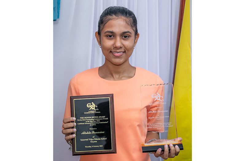 Atishta Seenarine of the Saraswati Vidya Niketan is the Most Outstanding Overall Student at the 2022 Caribbean Advanced Proficiency Examination (Delano Williams photo)