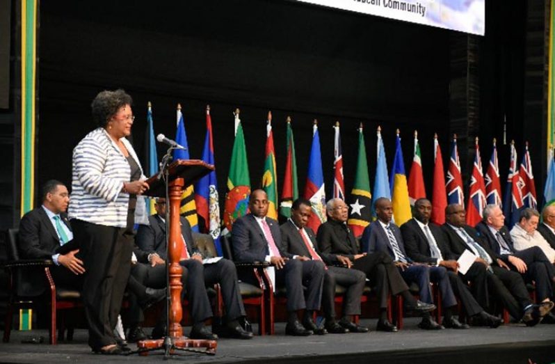 Prime Minister of Barbados, Mia Mottley, addressing the opening ceremony of 9th CARICOM Heads of Government Meeting