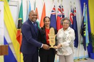 The Hon. Saboto Caesar, Minister of Agriculture of St. Vincent and the Grenadines, Alicia Bogues, who accepted the Ministers of Agriculture CARICOM Farmer of the Year award on behalf of Caribbean Broilers Jamaica and Dr. Carla Barnett, CARICOM Secretary-General