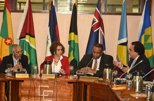 Chile’s Ambassador to Guyana, Claudio Rojas (extreme right) making a point to Guyana’s Minister of Business Dominic Gaskin (extreme left) in the presence of head of Chile’s North America, Central and Caribbean Department, Carla Henriquez and CARICOM’s Assistant Secretary-General in the area of Trade and Economic Integration, Joseph Cox (Photo by Adrian Narine)