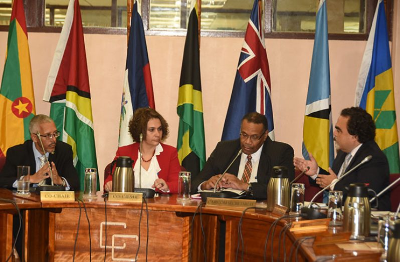 Chile’s Ambassador to Guyana, Claudio Rojas (extreme right) making a point to Guyana’s Minister of Business Dominic Gaskin (extreme left) in the presence of head of Chile’s North America, Central and Caribbean Department, Carla Henriquez and CARICOM’s Assistant Secretary-General in the area of Trade and Economic Integration, Joseph Cox (Photo by Adrian Narine)
