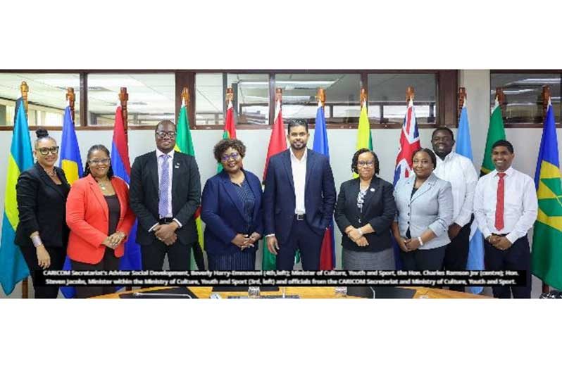 Minister of Culture, Youth and Sport, Charles S. Ramson, and Minister within that Ministry, Steven Jacobs, visited the CARICOM Secretariat for talks with a team headed by Adviser, Social Development, Beverly Harry-Emmanuel