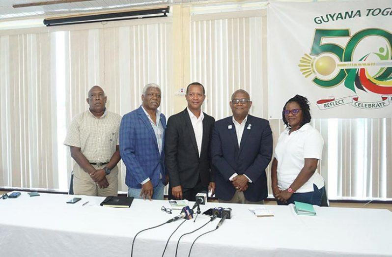 FLASHBACK! From left, Colonel Paul Arthur (LOC member), NACAC president Mike Sands, AAG president Aubrey Hutson, NACAC general secretary Keith Joseph and Mayfield Taylor-Trim (LOC member) during the NACAC team's visit to Guyana in January. (Carl Croker photo)