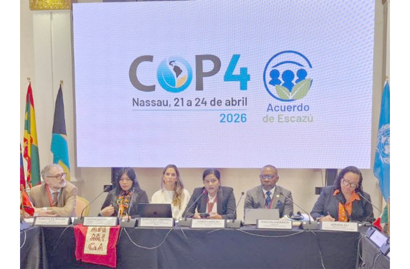 From left to right: Sharing the panel with Justice Anderson at COP4 were Watatakalu Yawalapiti, Coordinator of ATIX Müller and Co-Founder of the National Network of Indigenous Ancestral Warrior Women, Brazil; Mariana Boy Tamborrell, Federal Attorney for Environmental Protection, Mexico; Gomin Camacho, CEO, Ethnic Relations Commission, Guyana; and Jerusa Ali, Director-General, Ministry of Foreign Affairs, The Bahamas