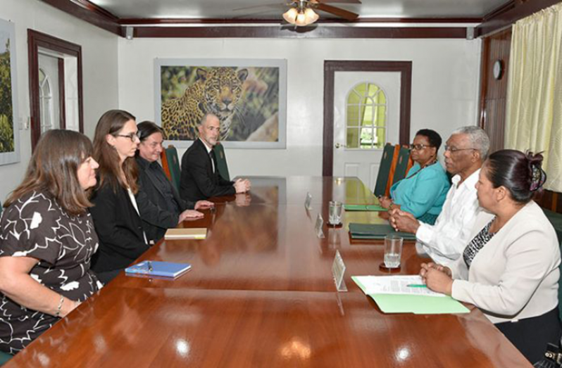 President David Granger (centre right) back in January last year met with representatives of the Carter Center at State House. Also present were Minister of Public Health, Ms. Volda Lawrence, and Minister of State, Mrs. Dawn Hastings-Williams. The Carter Centre was represented by Ms. Brett Lacy, Associate Director of Democracy Programmes; Mr. Carlos Valenzuela, Senior Adviser and International Electoral Expert; Ms. Anne Marlborough, Legal Analyst and Mr. Nicholas Jahr, Political Adviser
