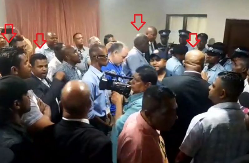 Leader of the Opposition, Bharrat Jagdeo and PPP Prime ministerial candidate, Mark Phillips, among others, lash out at the police for protecting the GECOM Chair. Others seen in the photo are PPP's counting agent, Charles Ramson Jr and former President of the Georgetown Chamber of Commerce and Industry (GCCI) and current PPP Candidate Deodat Indar