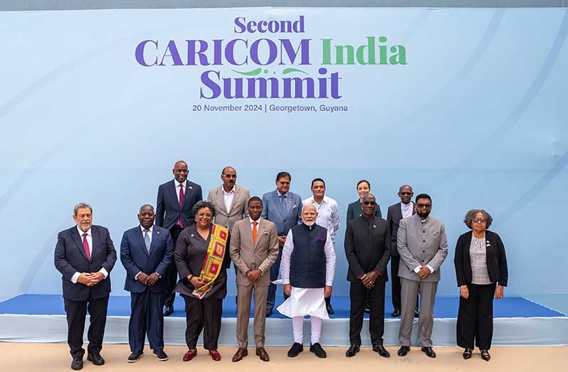 CARICOM leaders and Indian Prime Minister Shri Narendra Modi (fourth from right) at the Second CARICOM-India Summit held at the Guyana Marriott Hotel (Delano Williams photos)