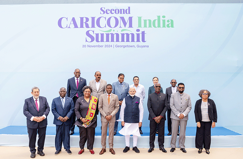 CARICOM leaders and Indian Prime Minister Shri Narendra Modi (fourth from right) at the Second CARICOM-India Summit held at the Guyana Marriott Hotel (Delano Williams photos)