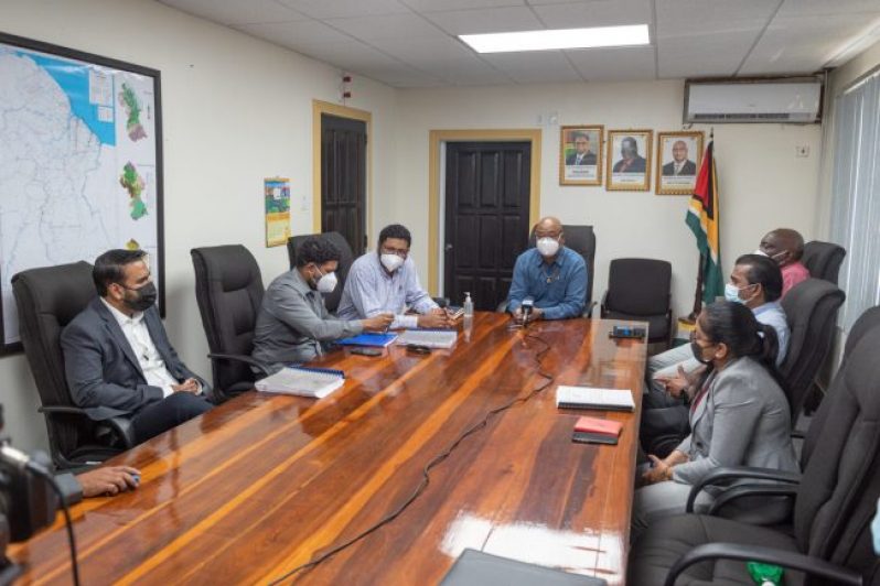 Minister of Public Works, Juan Edghill, other officials of the ministry and contractors at the signing ceremony, on Wednesday (DPI photo)