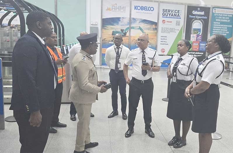 Chief Immigration Officer, Clifton Hicken, accompanied by Deputy Chief Immigration Officer (DCIO), Senior Superintendent Stephen Telford, visited the Cheddi Jagan International Airport (CJIA) on Monday to meet and engage with immigration ranks stationed at the country’s primary port of entry