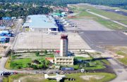 A view of the terminal and part of the runway at the Cheddi Jagan International Airport, Timehri