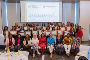 The participants display their certificates of completion of the CLBD Accelerate-Her 2.0 programme.