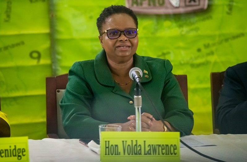 Minister of Public Health Volda Lawrence speaks at the coalition’s press conference on Friday (Delano Williams photo)