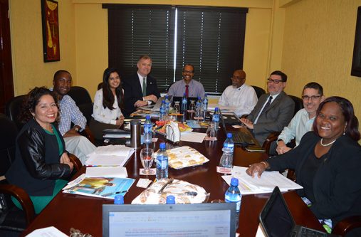Meeting in the boardroom at the Ramada Belize City Princess were; (L-R) Carmen Silva, Economic and Policy Analyst, and J. Nathan Bland, Political and Economic Section Chief, both of the US Embassy in Belize; Daniel Oerther and Anushree Banerjee, Foreign Service Officers of the Secretary of State’s Office of Global Food Security; Milton Haughton, CRFM Executive Director; Peter A. Murray, CRFM Programme Manager – Fisheries Management and Development; Jose Angel Villalobos, Senior Insurance Specialist, and Miguel Angel Jorge, Senior Fisheries Specialist, both of the World Bank; as well as Sherlene Audinett, CRFM Executive Secretary