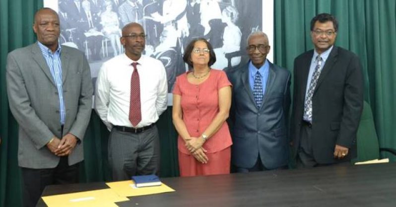 L-R: Minister of State, Joseph Harmon; former Prison Director, Dale Erskine; Merle Mendonza; Chairperson of the CoI, James Patterson and Minister of Public Security, Khemraj Ramjattan.