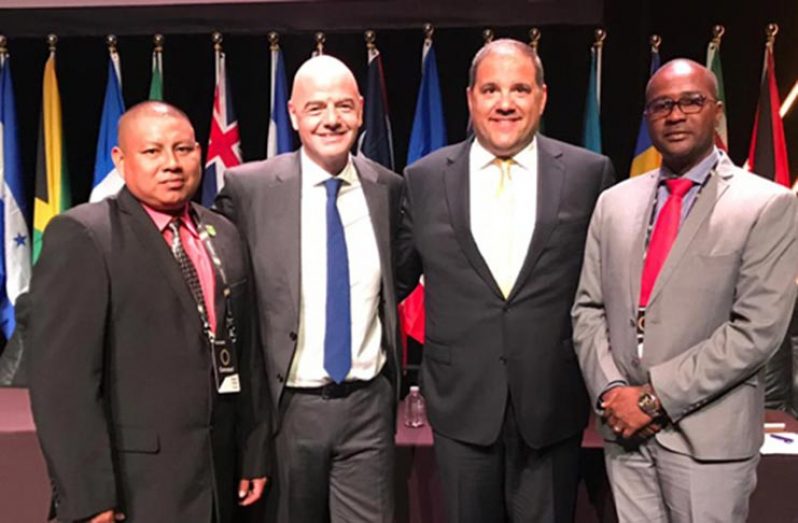 FLASHBACK! From left, GFF executive member Ryan Farias, FIFA president Gianni Infantino, CONCACAF president Victor Montagliani and GFF president Wayne Forde at the 2019 CONCACAF Nations League Draw in Las Vegas.