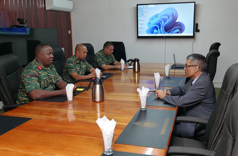 Chief-of-Staff (ag) Brigadier Godfrey Bess and Venezuela’s Ambassador to Guyana,His Excellency Carlos Amador Pèrez Silva in discussion during the courtesy call (GDF photo)