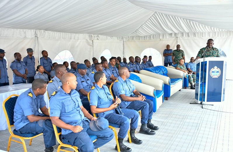 Chief-of-Staff, Brigadier Godfrey Bess, addresses the Coast Guard in the first of a series of activities to commemorate his retirement