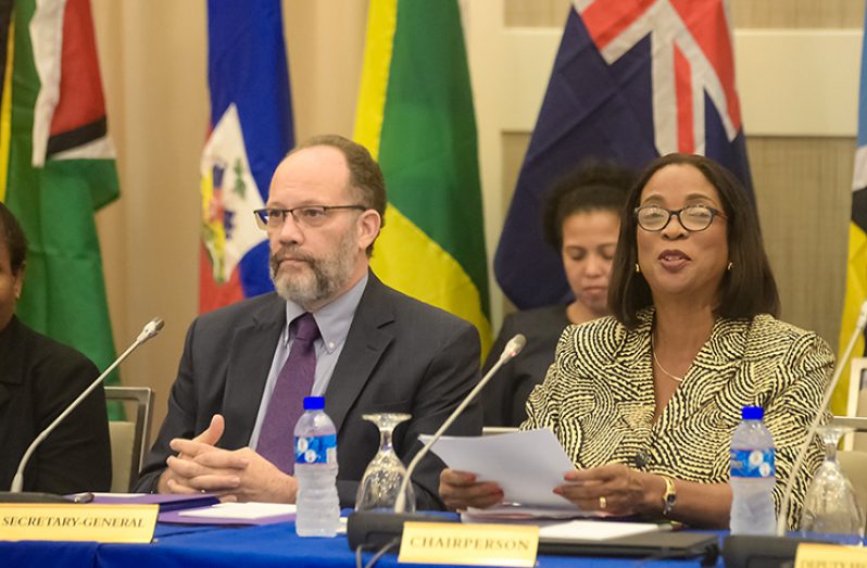 CARICOM Secretary-General Irwin LaRocque and Minister within the Ministry of Barbados Foreign Trade, Sandra Husbands during the opening remarks. (Delano Williams photo)
